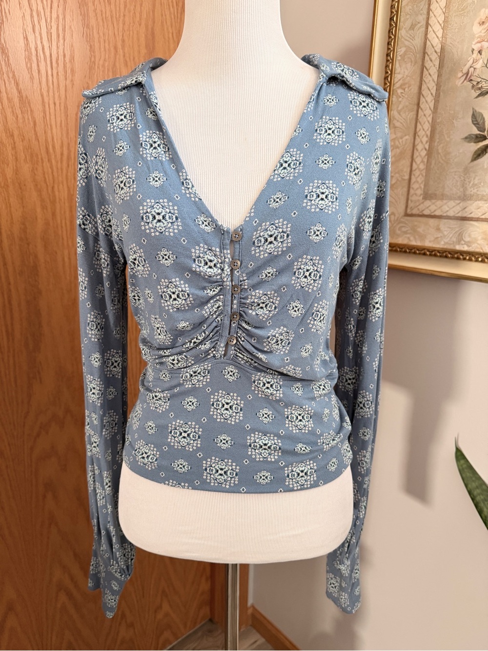 Free People Blue Printed Long Sleeve Ruched V-Neck Top